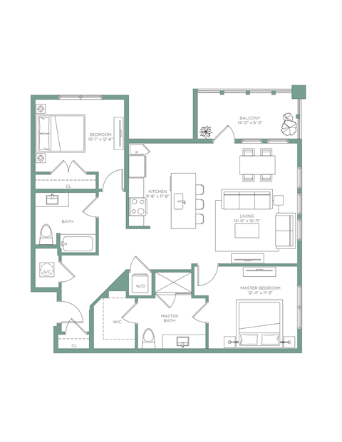 Floor plan for 2 beds, 2 baths, 1163 sqft